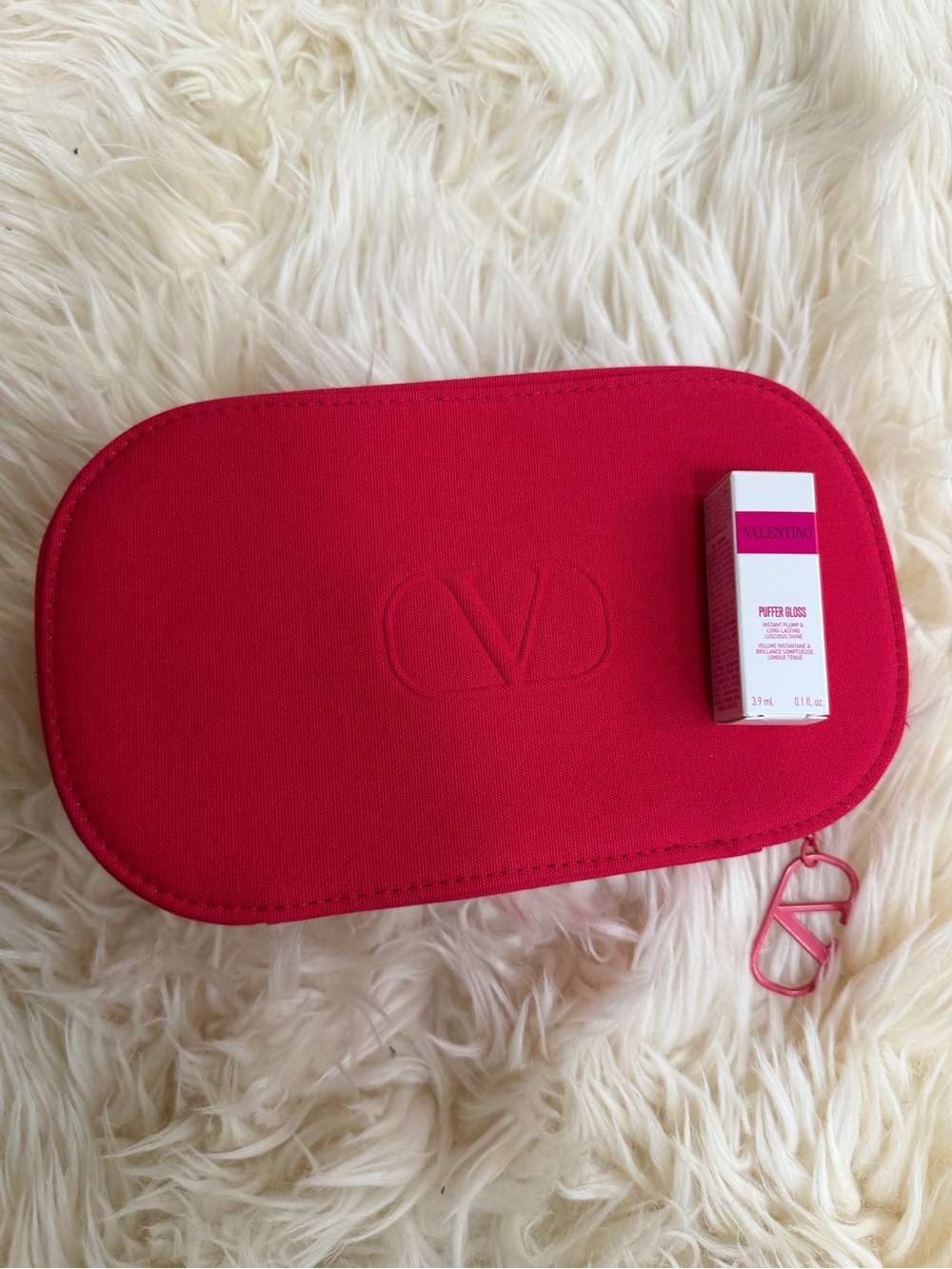 Valentino Vibrant Pink Embossed Logo Pouch with lip Gloss